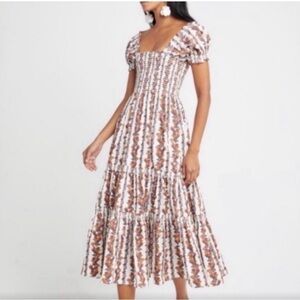 Smocked Puff-Sleeve Midi Dress in White and Brown